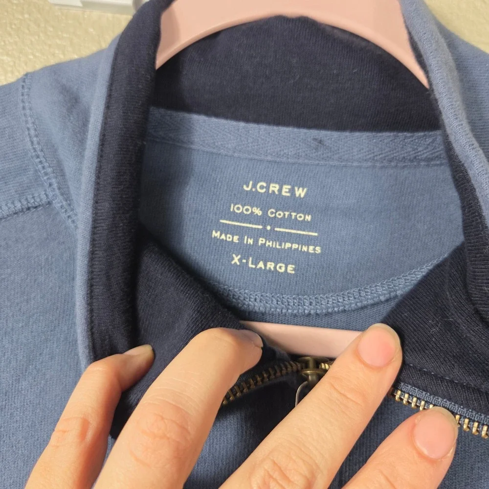 J.Crew Men's XL Blue 100% Cotton Quarter Zip Pullover Leather Zip